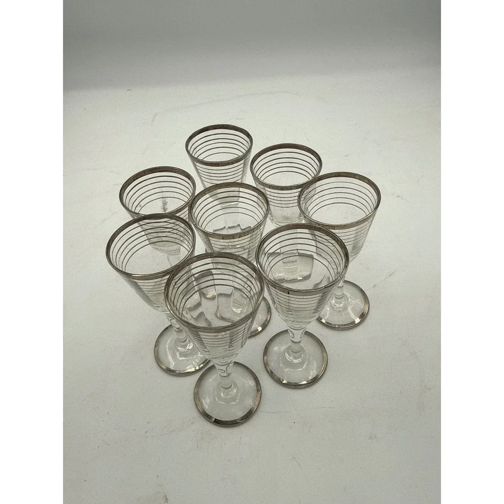 Vintage Mid Century Platinum Striped Wine Glasses Silver Rim Cocktail Stemware 8